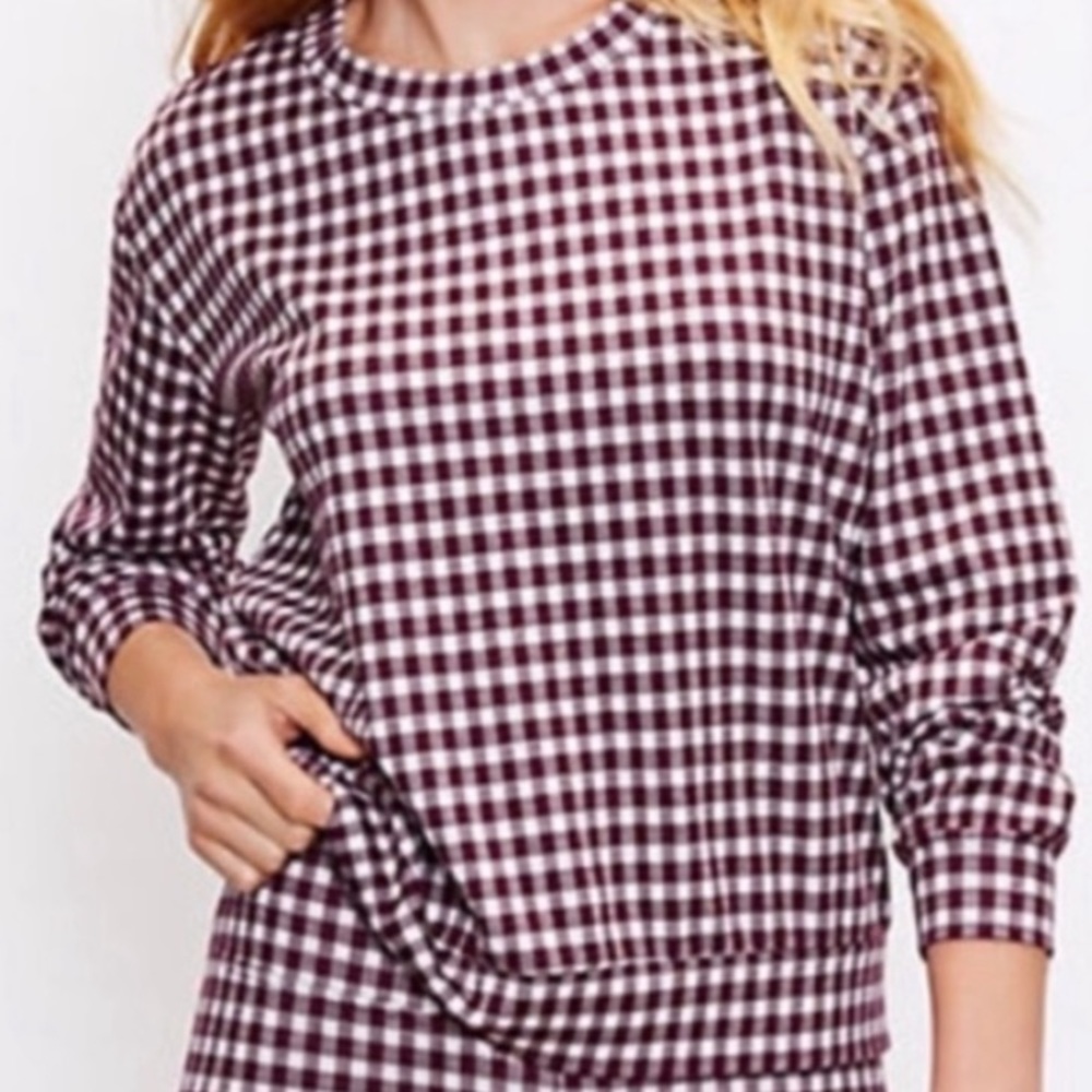 LOU AND GREY BIRDSEYE GINGHAM PONTE SWEATSHIRT IN PLUM KISS SIZE LARGE